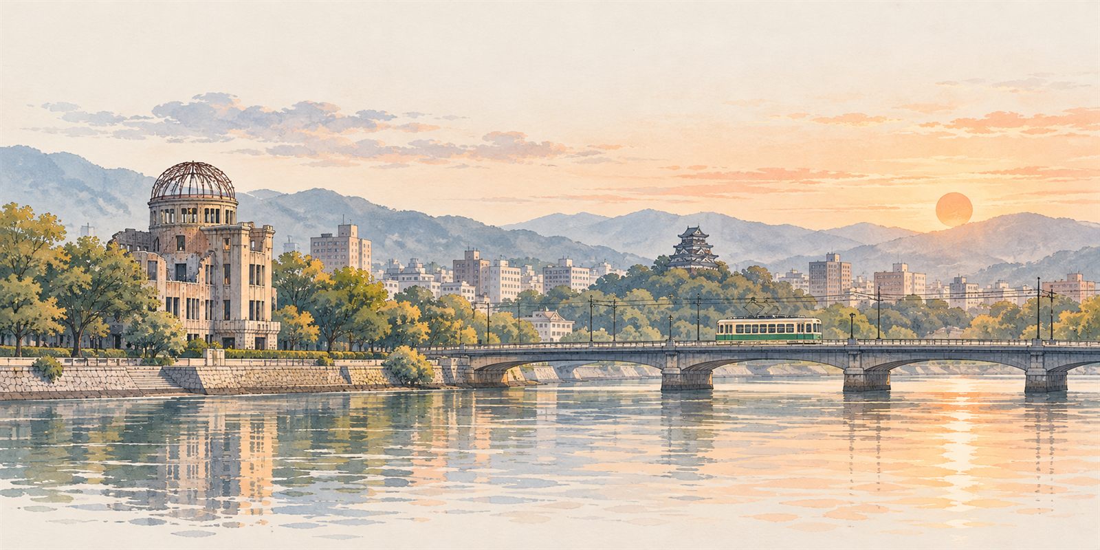 川と橋、路面電車、原爆ドーム、山並みを描いた広島の朝焼けのイラスト